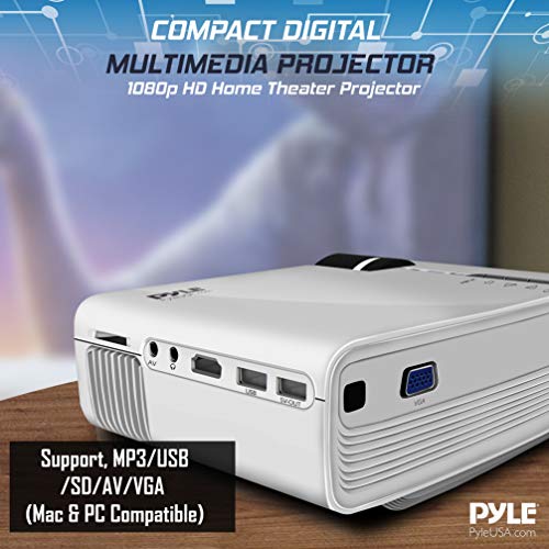 pyle portable multimedia home theater projector - compact hd 1080p high lumen led wusb hdmi 50 to 130 inch adjustable screen in your mac or pc built-in stereo speaker and remote control - pyle