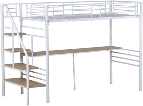 Mesh Floor Loft Bed with Stairs, Pipe Bed, Single Desk, Outlet Included, Storage, Steel, Earthquakeproof Bed, Single Pipe Bed, Pipe S