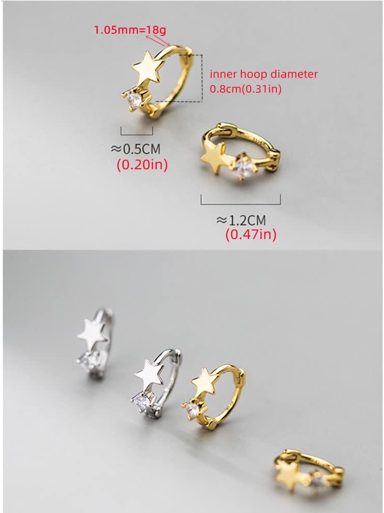 18g Tiny Star Hoop Earrings 925 Sterling Silver CZ Small Hoops Cuff Cartilage for Women Hypoallergenic Cubic Zirconia Huggie Sleeper Piercing Jewelry Dainty Cute for Daughter Niece 8mm (Gold) - Image 5