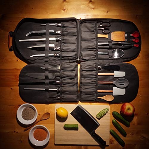 Chef Knife Sling Bag Case | 21+ Pockets for Knives & Kitchen Utensils | 2 Large Pockets for Tablet & Notebooks | FORTIFIED BALLISTIC NYLON (Black) - Thumbnail 4