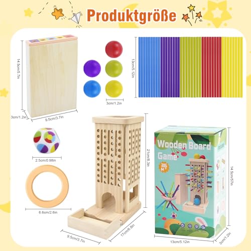 Montessori Spielzeug ab 3 Jahre, 3-in-1 Spiel Brettspiel aus Holz ab 3 4 5 6 Jahre, 40 Stück Bunte Holzstäbe, Aufbewahrungsbox, Klassifizierung, Farblernturm Familienspiel Reisespiel für Kinder