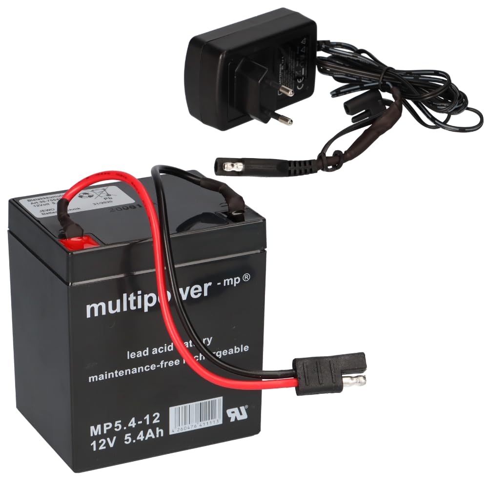 Multipower Blei Akku 12V 5,4Ah Mit Stecker + Ladegerät Für Raasenmäher Akkus - Langlebig - Wartungsfrei - Zuverlässig - Ersatzakku - Akku - Batterie