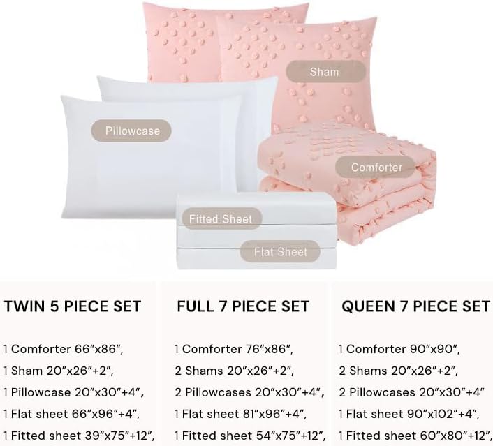 Geniospin Pink Full Comforter Set for Girls- 7 Pieces Pom Tufted Bed in A Bag Full Bedding Sets with Sheets, Pillowcases & Shams, All Season Kids Comforter Set - Image 6