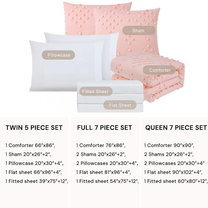 Image of Queen Comforter Set - 7 Pieces Pom Tufted Bed in a Bag Queen Bedding Set | All Season Shabby Chic Bedding, Queen Bed Set with Comforter, Sheets, Pillowcases & Shams, Pink