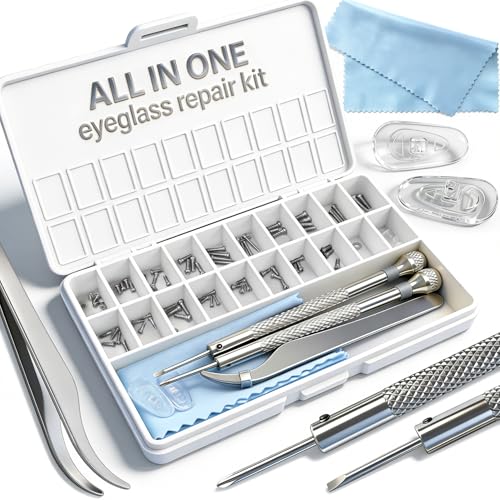 PFDHQS Eyeglass Repair Kit with 18 Sizes Screws 1.4mm Precision Screwdrivers Tweezers Nose Pads & Cloth - Compact Eye Glass Repairing Kit for All Eyewear Types
