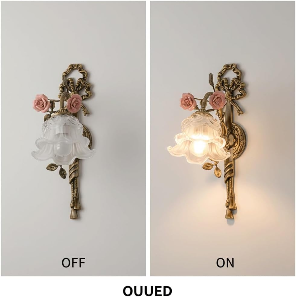 European Vintage Wall Sconce, Romantic Full Brass Lamp with Wall Light Ornate Ceramic Roses, Bell-Shaped Glass Shade & Embossed Wall Mount, Finish E14 Light Fixture for Bedroom(Milky White)