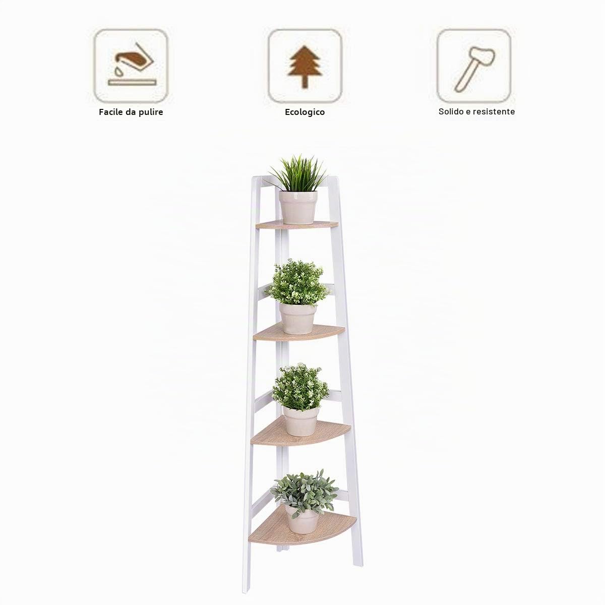 GIANTEX Scaffale Angolare, Supporto per Oggetti a 4 Livelli in Legno con Protezione Anticaduta, per Soggiorno/Bagno/Studio, Bianco