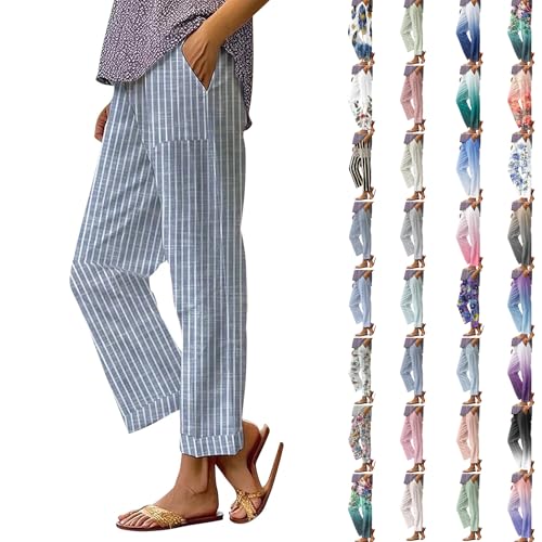 Side Stripe Pants Women for Beach Vacation Clothes for Women Linen Straight Leg Elastic Waist Womens 2025 Summer Outfits