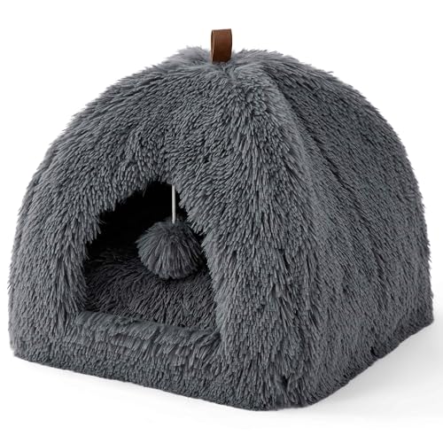 BEDSURE Katzenbett große Katzen Katzenhöhle- 40x40x40 cm Plüsch Katzenhaus Indoor mit abnehmbarem Katzenkissen und hängendem Spielzeug, Katzen...