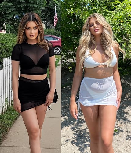 AI'MAGE 2 Pieces Women Beach Sheer Cover Ups Mesh Bikini Wrap Ruched Skirt for Swimwear S-XXL3