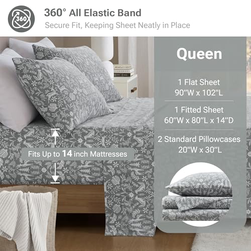 Image of True North by Sleep Philosophy Flannel Sheets Queen Size, Cozy 100% Cotton Flannel Bed Sheets, Ultra Soft Cute Sheet Set, Novelty Print Themed Cold Weather Warm Bedding Set, Sage Winter Fauna, 4 Piece