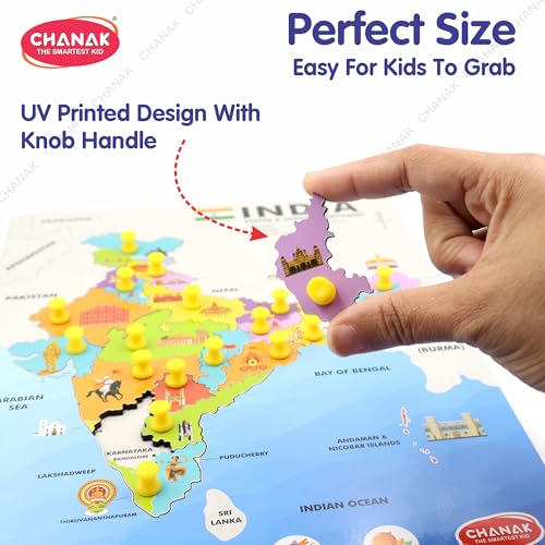 Image of Chanak Wooden India Map Puzzle with Picture & States Name Educational Board for Kids, 18 Piece States Map Montessori Learning Puzzle for Toddlers & Preschoolers, Nursery & Kindergarten 2+ Years