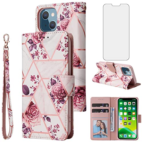 Compatible with iPhone 13 6.1 inch Wallet Case and Tempered Glass Screen Protector Leather Flip Card Holder Kickstand Phone Cases for iPhone13 5G i i-Phone i13 iPhone13case Women Men Rose Gold
