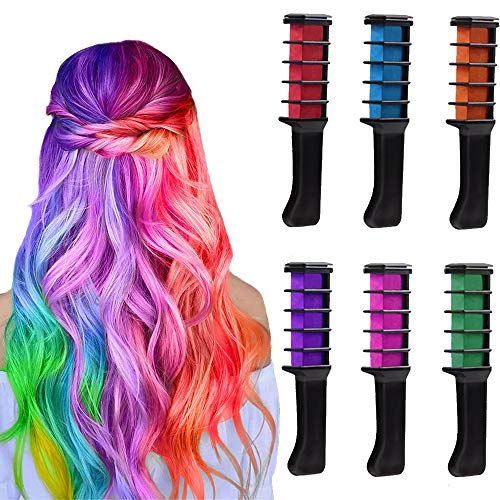 Hair Chalk Comb Temporary Bright Hair Color Dye Comb for Girls Ages 4 5 6 7 8 9 10+, Washable Non-Toxic Hair Chalk for Girls Kids Hair Dyeing Cosplay Parties, 6 Colors