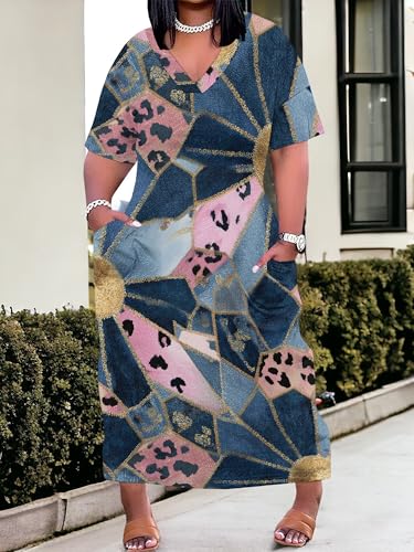 Image of SUZONANA Plus Size Denim Print Maxi Dresses for Women Casual V Neck Short Sleeve with Pockets Soft Jean Look Dress XL-6XL