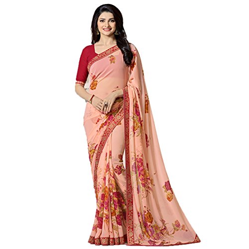 Image of RAJESHWAR FASHION WITH RF Women's Floral Printed Georgette Sarees For Women With Jacquard Work Lace Border & Blouse(Pink Red Free Size 6.30 Mtr)