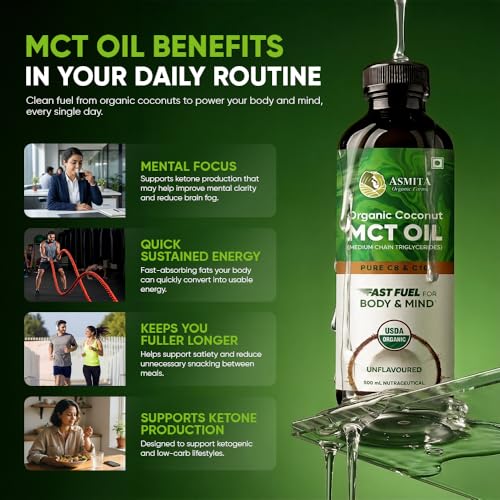 Image of MCT Oil 500ml | Pure C8 & C10 | Keto & Paleo Friendly | Organic | Sourced from Coconuts | Unflavored Oil that helps Supports Brain Function & Instant Energy | Pack of 1
