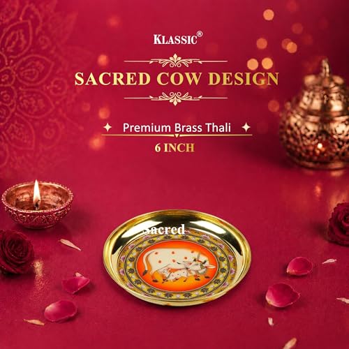 Image of Klassic 6 Inch Handcrafted Brass Thali /Aarti Plate | Cow Design, Beautifully Embossed Colorful Decorative Plate for Puja /Worship, Aarti, Karwa Chauth, Navratri, Diwali Gift | Medium(Pack of 1, Golden)