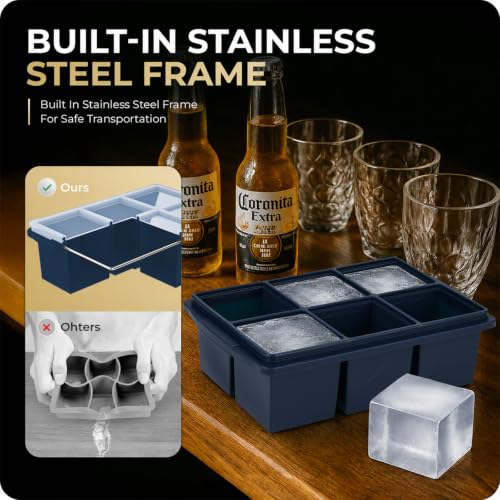 Image of Large Ice Cube Trays for Whiskey, Silicone Ice Cube Tray, with Reinforced Steel Ring Top, Makes 12 perfect 2-in ice cubes, Square Ice Tray for Cocktails, Whiskey, Coffee. (2 Pack)