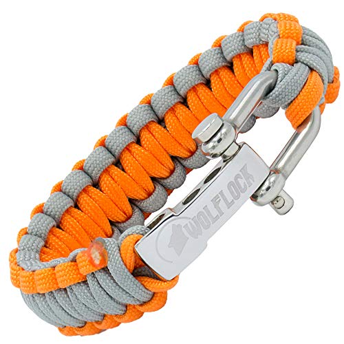 Wolflock Premium Paracord Armband für Männer - Handgeflochten mit Edelstahlverschluss in Grau/Orange
