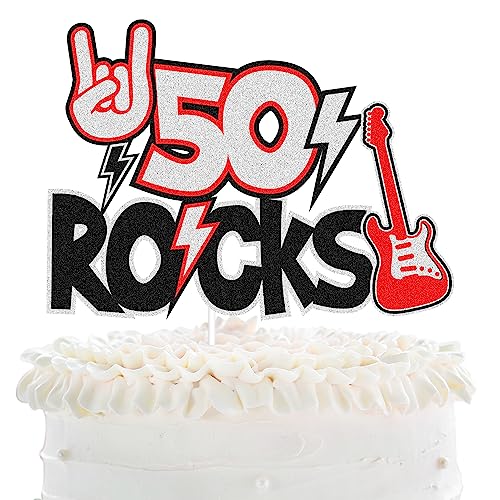 50 Rocks Birthday Cake Topper - Fabulous Fifty Years Anniversary Black Glitter Guitar Cake Topper - Cheers To Man Women Happy 50th Birthday Party Decoration