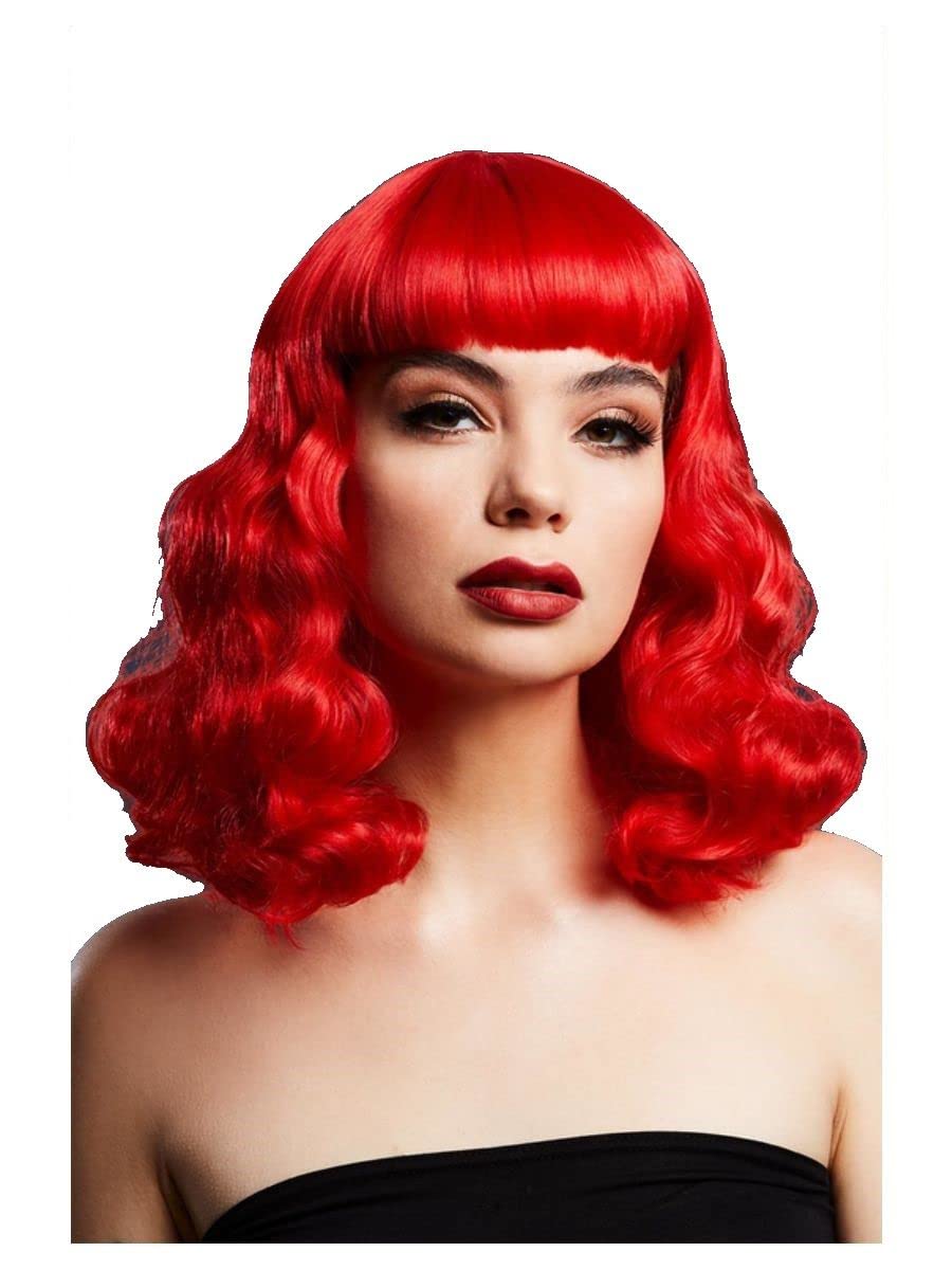 Smiffys Fever Bettie Wig with Short Fringe, Red Wavy Shoulder Length, Centre Parting, 32cm/ 13in, Fever Wigs Fancy Dress, Fever Dress Up Wigs