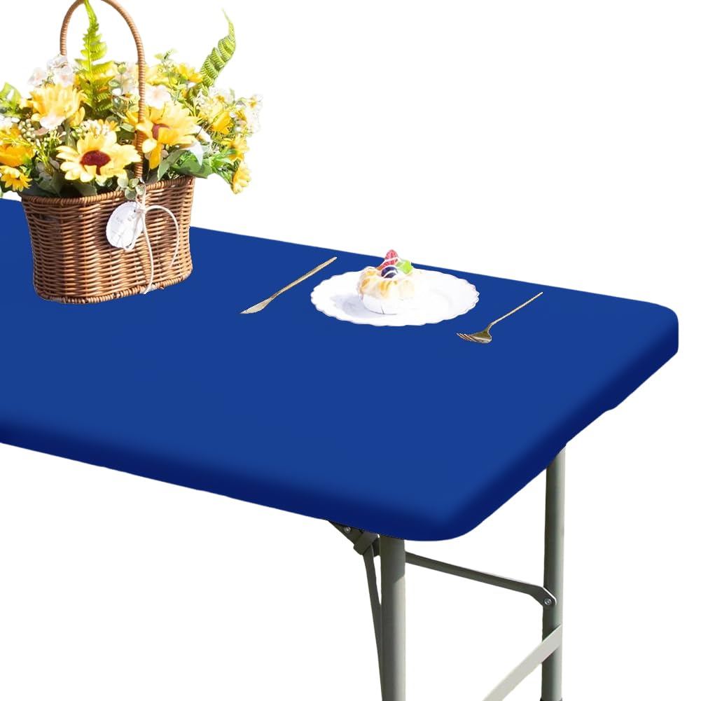 GORGECRAFT 2 Pack Waterproof Elastic Fitted Fabric Tablecloth 183*76cm Rectangle Picnic Table Cloth Fits for 6ft Folding Tables Washable Wipeable Table Covers for Outdoor Camping Banquet, Medium Blue