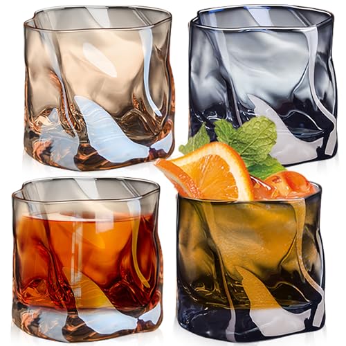 Whiskey Gläser 4er Set, 200ML Unregelmäßige Whiskygläser, Gekippten Falten Glass Bourbon doppeltes altmodisches Glas Unregelmäßiges Kristall Whiskeygläser Für Papa Ehemann Freunde (Bernstein+Asche)
