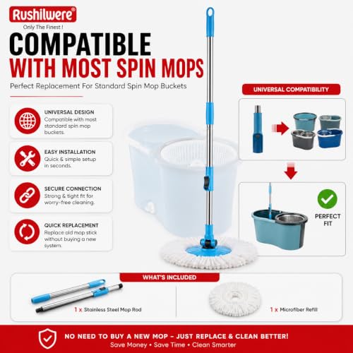 Image of Rushilwere 360 Spin Mop Stick Handle with Microfiber Refill for Bucket Mop | Stainless Steel Rotating Mop Rod Replacement Compatible with Most Spin Buckets | Blue