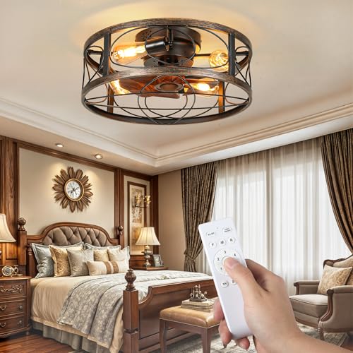 DWVO 20 Inch Caged Ceiling Fan with Lights and Remote, Farmhouse Flush Mount Low Profile Ceiling Light Fixture with Reversible DC Motor, 6 Speeds, for Living Room, Dining Room, Bedroom (Brown + Black)
