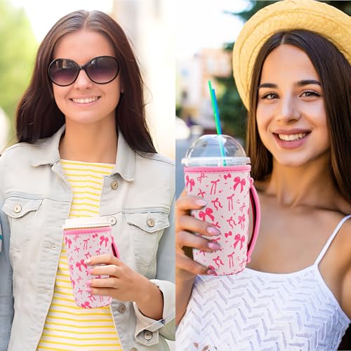 Image of KJQJLY 3 Pack Reusable Iced Coffee Sleeves for Iced Coffee Cups or Drinks Reusable Neoprene Insulated Sleeves for Hot and Cold Drinks from Starbucks, Dunkin, And More (Pink bow)