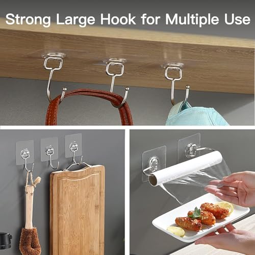 Image of Big Size Self Adhesive Wall Hooks - Heavy Duty Transparent Hooks for Wall Hanging | Waterproof, Rustproof, No-Drill Utility Hooks for Bathroom, Kitchen, Home & Office (Pack of 10)