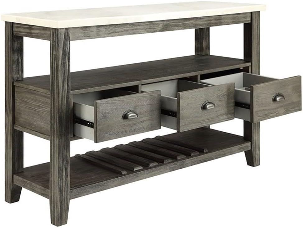 Acme Merel Marble Top Wine Rack Server in White and Gray Oak