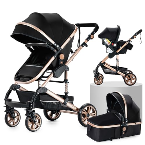 3 in 1 umkehrbarer Kinderwagen,Federung der vorderen Räder,kompakte Einhandfaltung für einfaches Lagern(Schwarz&Gold)