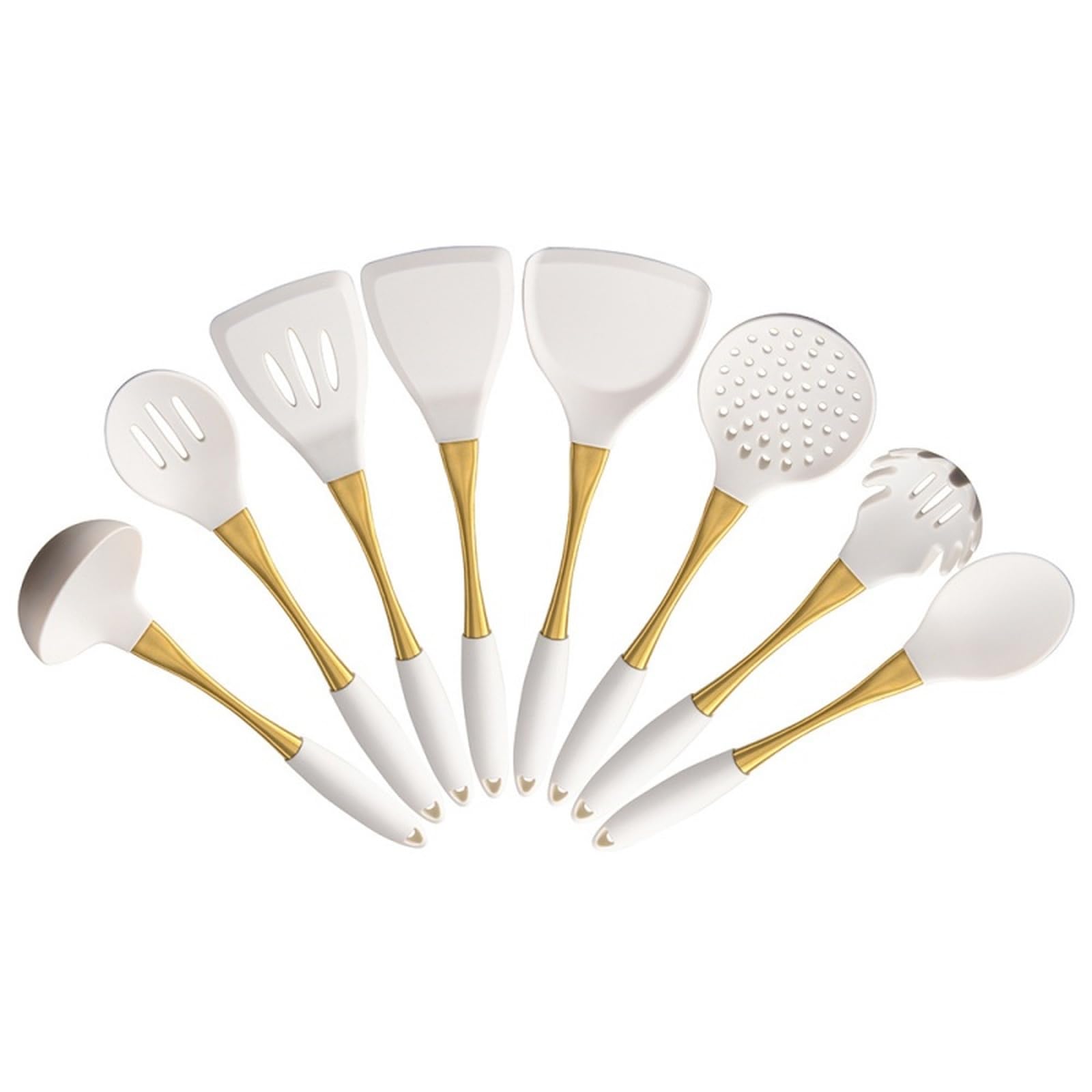 Set di 8 utensili da cucina in acciaio inossidabile dorato e silicone, resistenti al calore: spatola, mestolo per zuppa, paletta forata, paletta per pasta, schiumarola.