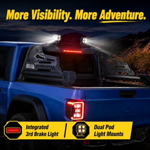 Image of MONOKING Roll Bar for Truck Retractable Tonneau Cover Adjustable for F150 F250 Silverado Sierra Ram 1500 Tundra Titan 2007-2026, Sport Bar with Brake Light for Off Road (Black, for Mid-Size Truck)