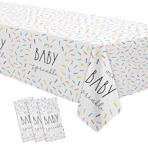 Image of Sprinkle Baby Shower Decorations Tablecloth for Boys Girls - 3 Pack Disposable Rainbow Confetti Theme It's A Baby Sprinkle Party Table Cover Supplies, 86in x 55in