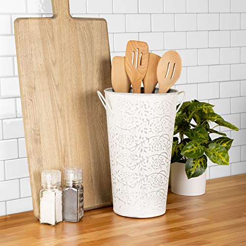 Galvanized Flower Bucket –Tall Tin Vase For Flowers, Kitchen Decor – Distressed French Sheet Metal Holder - Shabby Chic Farmhouse Floral Pattern, Rustic Antique Vintage White #TOP5
