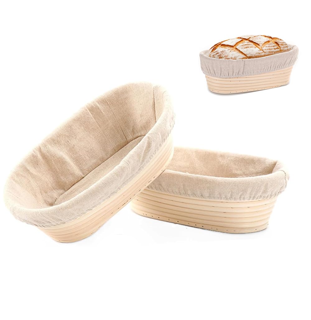 Banneton Bread Proofing Basket，2 Pcs Natural Rattan Proofing Baskets with Cloth Liner，Round Sourdough Proofing Basket，for Baking Starter and Home Bakers (Oval 10'' & Oval 12'')