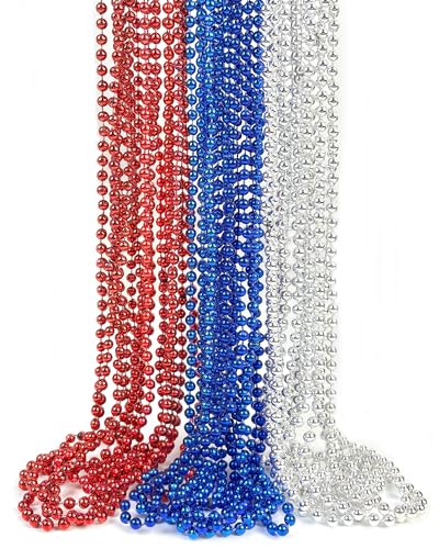Red Blue Silver Beads Necklaces Patriots Day Metallic Bead for 4th of July Independence Day Party Decoration for Fourth of July Party, Memorial Day, Veterans Day Parade, Carnival Decorations or Favors