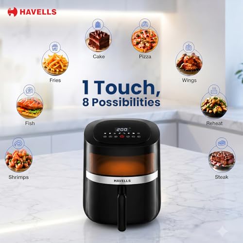 Image of Havells Prolife Stellar Chef Digital 5.5L Airfryer| Top Viewing Window| Silicon Coated Basket - No toxic fumes| Aerocrisp Technology| 3kV Surge Protection| Powered by Safeserve