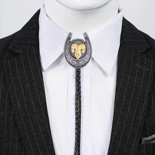 Image of Bolo Tie for Men Women Cowboy Turquoise Celtic Natural Tiger Eye Stone Longhorn Bull Western Leather Bolo Necktie