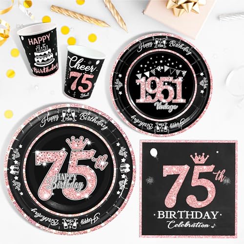 Image of 75th Birthday Decorations Rose Gold, Service for 30, Vintage 75th Birthday Party Supplies Includes Rose Gold 1951 Plates, Napkins,Cups, Plates and Napkins for Women