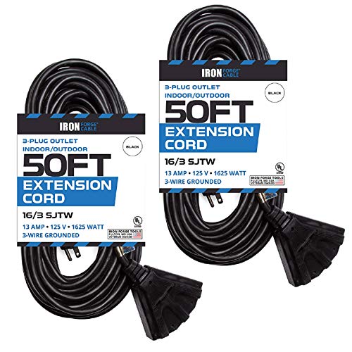 2 Pack of 50 Ft Outdoor Extension Cords with 3 Electrical Power Outlets - 16/3 SJTW Durable Black Cable with 3 Prong Grounded Plug for Safety