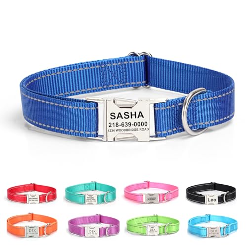 Personalisiertes Hundehalsband mit lasergravierbarem Namen, reflektierendes Nylon-Haustierhalsband mit Metallschloss, anpassbar in der Größe, Geschenk für Hunde(Blau)
