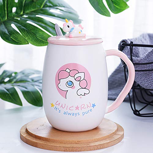 Linda taza de cerámica del unicornio, lleva tapa y cucharilla, se puede usar como Mark cup, vaso de agua, vaso de leche, taza de café, regalo ideal para chicas. Se puede usar en casa o en la oficina.