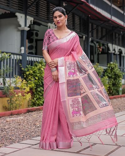 Image of Kaugalian store Linen Cotton Floral Printed Saree for Women with Unstitched Blouse Piece | 5.5 M Saree & 0.8 M Blouse