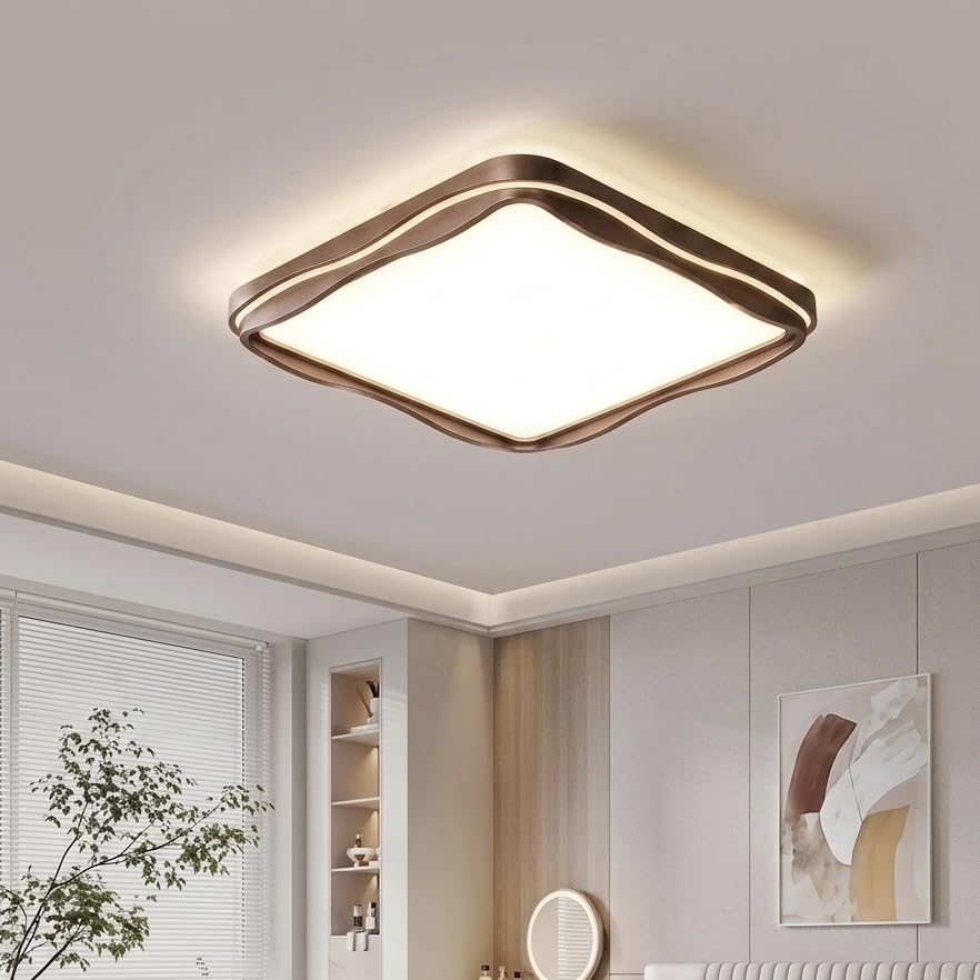 Image of 3C LED Ceiling Light, Modern Designer Ceiling Lamp with Curved Square Frame Design for Bedroom, Living Room, Hall & Home Decor|Walnut-Wood
