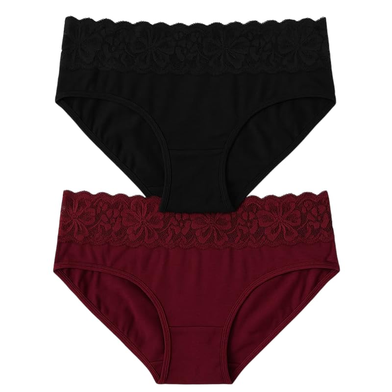 Women's High-Waist Cotton Panties with Floral Lace Trim – Size M Pack of 2 (Black & Maroon) – Soft, Breathable Underwear-picture-34