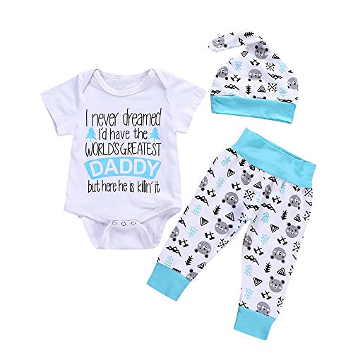 Lazzboy Newborn Baby Letter Cartoon Print Romper Jumpsuit+Pants+Hat Set...